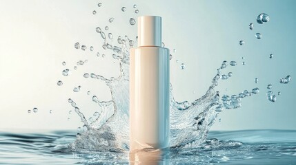 A sleek cream bottle with a vibrant water splash around it, droplets flying in all directions, capturing a refreshing and energizing vibe