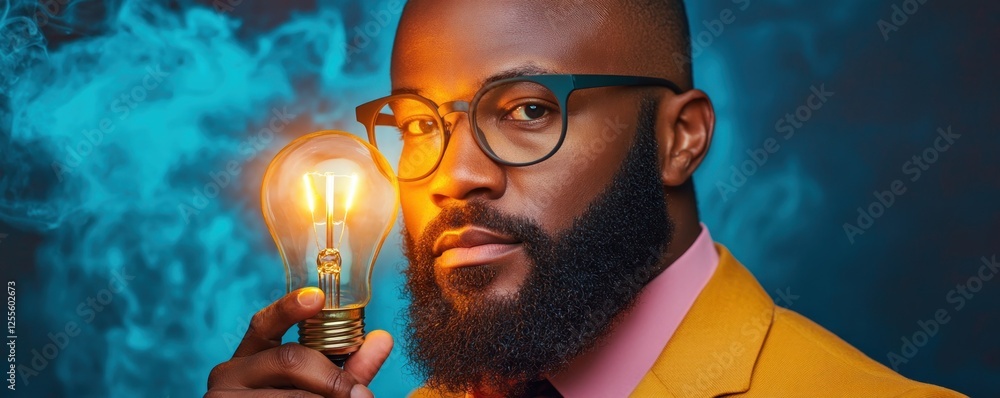Poster explore creative problem-solving concept with this image of a businessman holding a glowing lightbul