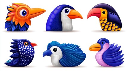 Obraz premium Collection of stylized pixel art bird heads, vibrant colors, digital illustration, various species, diverse plumage, colorful beaks, profile views