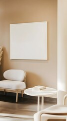 A stylish reception area with neutral tones, a cozy seating arrangement, and a white frame on a soft beige wall. 