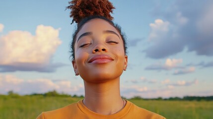 Find inner peace with this serene image of a Mixed-race woman relaxing and breathing fresh air outdoors at sunset Embrace tranquility and natural beauty as a mixed-race woman in harmony with nature