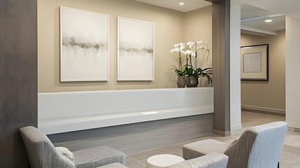 A stylish reception area with neutral tones, a cozy seating arrangement, and a white frame on a soft beige wall. 