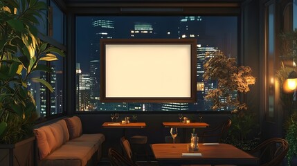 A stylish rooftop restaurant with city views, lush decor, and a blank framed canvas.