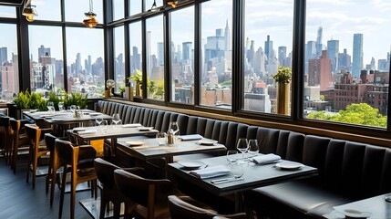 Fototapeta premium A stylish rooftop restaurant with city views, lush decor, and a blank framed canvas.
