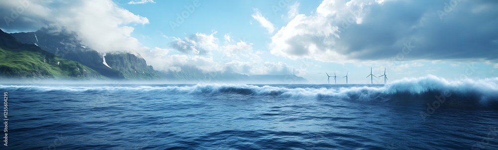 Poster Vast ocean view with waves and distant mountains under a cloudy sky.