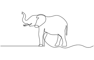 Continuous line of walking standing elephant. Single one line art of wild elephant, One continuous line illustration of an elephant, isolated on white background.