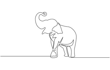 Continuous line of walking standing elephant. Single one line art of wild elephant, One continuous line illustration of an elephant, isolated on white background.