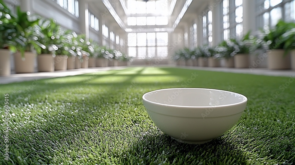 Aufkleber empty bowl on artificial turf in sunlit conservatory