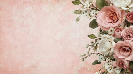 beautiful arrangement of pink and white flowers on soft pink background, perfect for scrapbooking or invitations. delicate floral design adds touch of elegance and charm