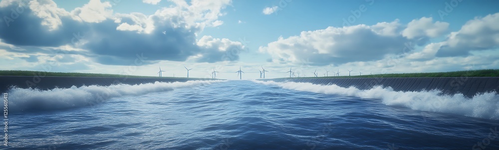 Poster vast ocean waves under a bright sky with scattered clouds and distant wind turbines.