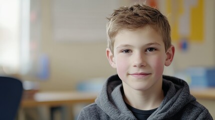 Portrait of a Smiling Boy in a Classroom Setting