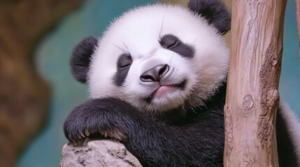 Obraz premium Close up of a sleepy panda cub resting on a rock, its eyes closed, mouth slightly open, and tongue visible. The cub has white fur with black