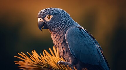 Obraz premium Close-up of a vibrant parrot perched on a pine branch against a warm sunset background
