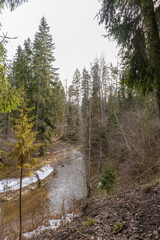 
a wooded landscape is visible with a river winding through the trees and snow on the river bank.
