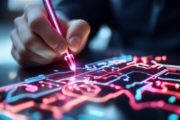 Naklejka premium A cyberpunk-inspired futuristic digital pencil that writes in neon lines on a holographic surface