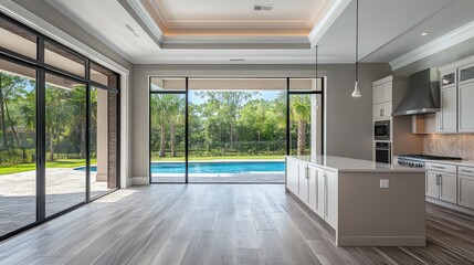 Fototapeta premium A spacious kitchen with aluminum sliding doors, opening to a serene backyard with a swimming pool, capturing an ideal home lifestyle