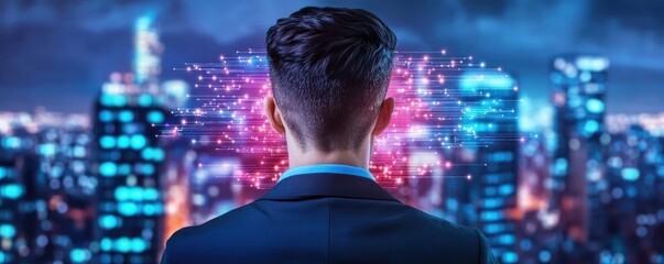 Visualize the Future A Businessman's Augmented Reality Interface in a Smart City Powered by AI Explore the integration of artificial intelligence into urban environments, showcasing seamless data