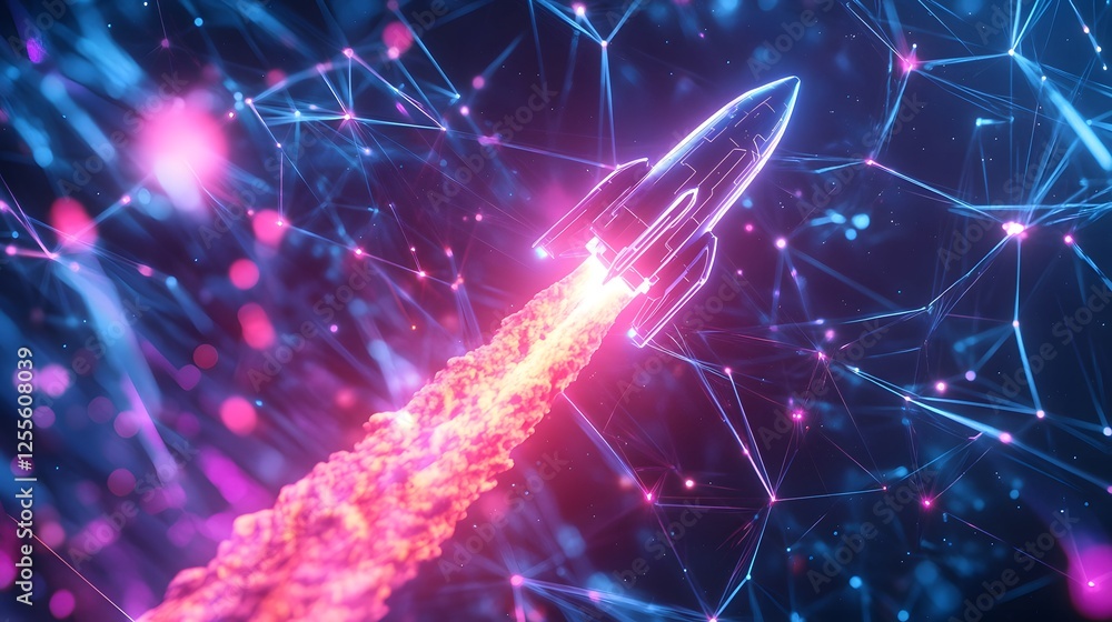 Poster dynamic neon rocket flying through a web of interconnected lines, representing futuristic technology
