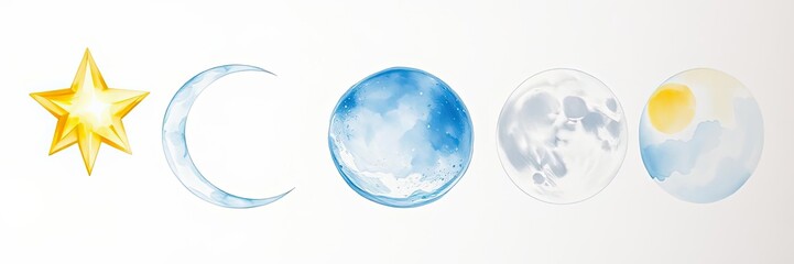 Celestial Watercolor Star Crescent Moon Phases Sun Sky