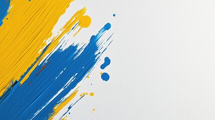 Blue and yellow paint strokes on white background; abstract art for design
