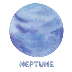 Watercolor illustration. Hand painted blue, violet planet Neptune of Solar system with name. Space and outer space. Extraterrestrial object. World Space Week. National Space Day. Isolated clip art