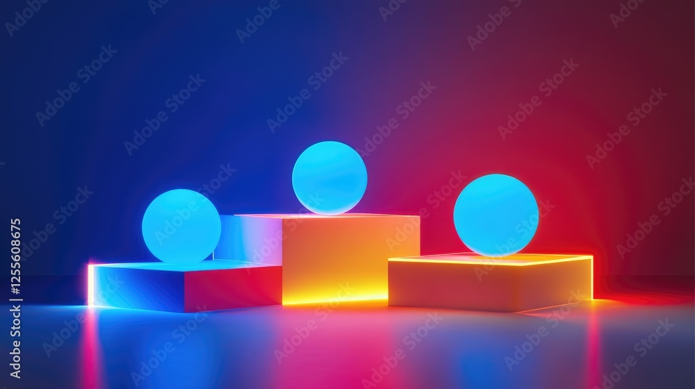 Poster a striking high-contrast composition of neon spheres glowing brightly on geometric platforms, captur