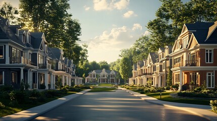 Fototapeta premium Warm sunlight illuminates charming street lined with elegant homes. AI Generated