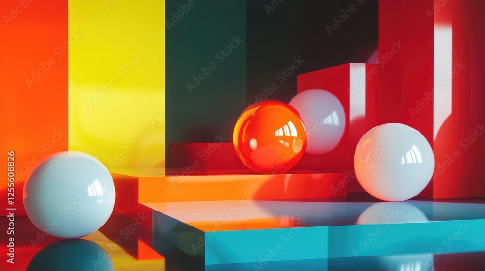 Poster a striking high-contrast composition of neon spheres glowing brightly on geometric platforms, captur