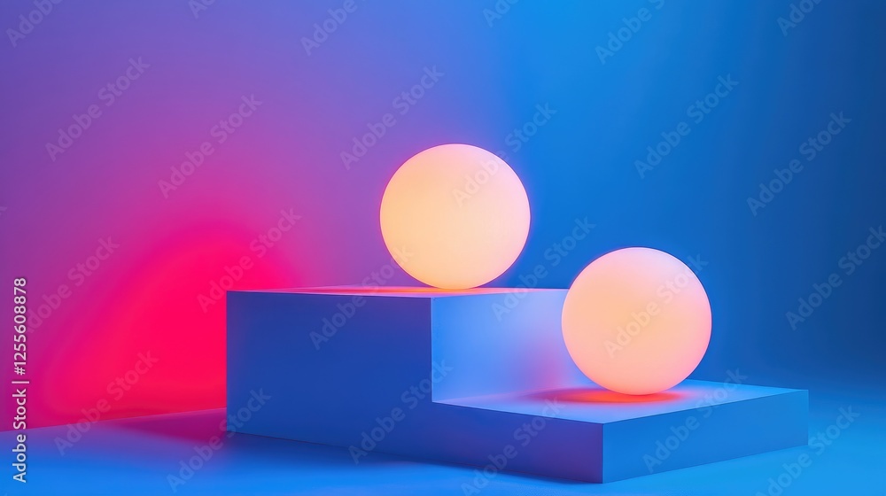 Poster a striking high-contrast composition of neon spheres glowing brightly on geometric platforms, captur