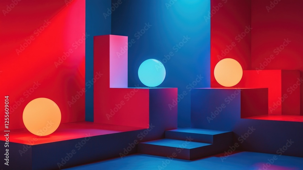 Poster a striking high-contrast composition of neon spheres glowing brightly on geometric platforms, captur