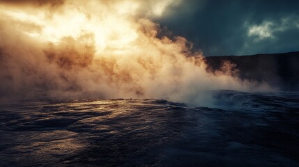 Obraz premium Sunrise Geothermal Landscape: A Dramatic View of Earth's Power