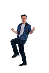 Portrait of an Asian Indonesian man in a shirt posing with an excited expression isolated over a...