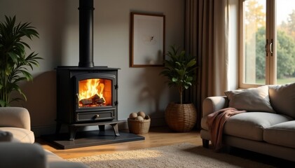 Cozy atmosphere with wood and pellet fuel stove , pellet stove, warm ambiance, rustic decor