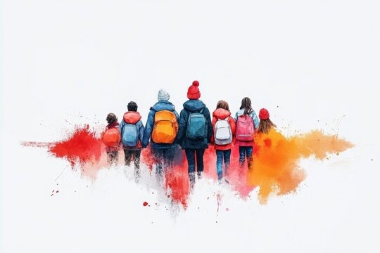 A dreamy watercolor illustration of a welcoming teacher introducing a group of curious young students to their first lesson