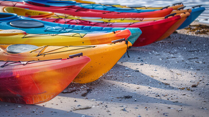 colorful kayaks lined beach closeup vibrant water sports outdoor adventure summer scene