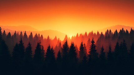 Obraz premium Pine forest creates dramatic silhouette against golden-orange sunset sky, presenting peaceful evening atmosphere with striking contrast between dark trees and twilight colors.