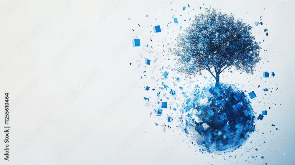 Poster a symbolic globe with a flourishing tree, falling leaves, and geometric blue cubes on a white backgr