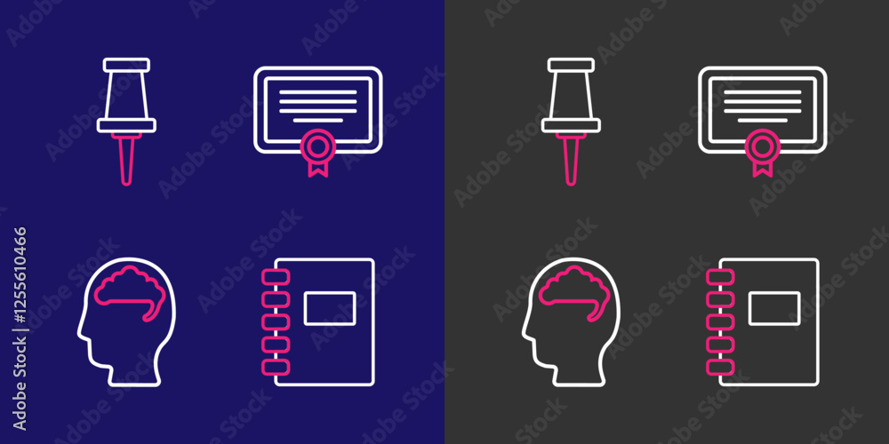 Aufkleber set line spiral notebook, human brain, certificate template and push pin icon. vector