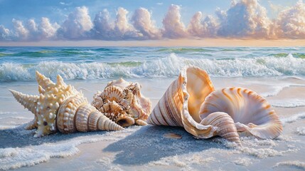 Seashells on the Beach at Sunset: A Coastal Masterpiece