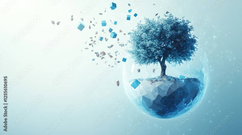 Poster a symbolic globe with a flourishing tree, falling leaves, and geometric blue cubes on a white backgr