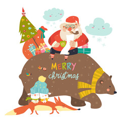 Santa Claus riding on the back of friendly bear. Vector greeting card