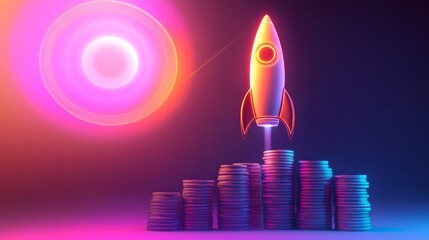 Neon rocket glowing and hovering above a starry background, representing futuristic space travel and innovation