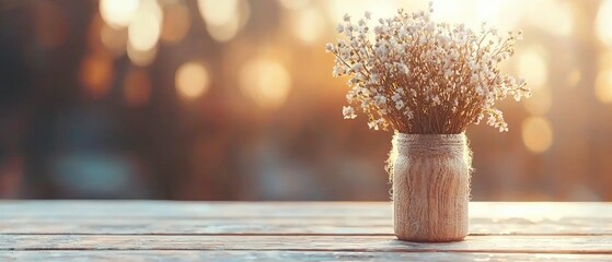 White Baby's Breath Bouquet in Rustic Jar on Wooden Table with Soft Sunlight