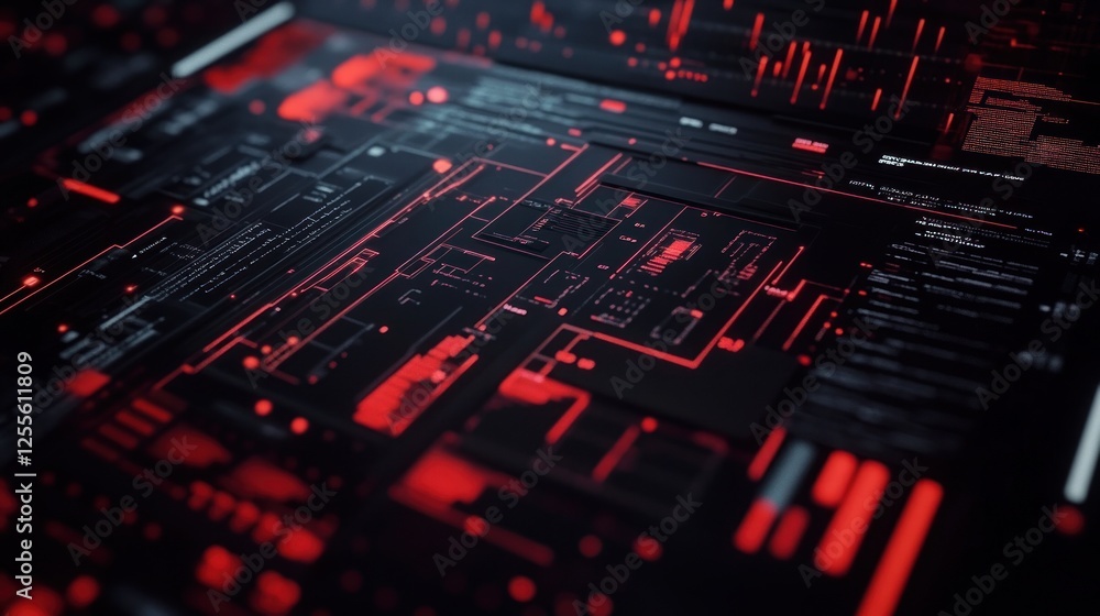 Poster cybernetic red: abstract technology circuit board design with glowing lines