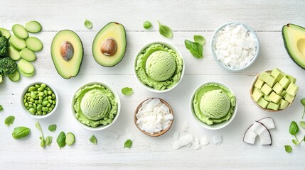 Avocado ice cream with coconut and broccoli