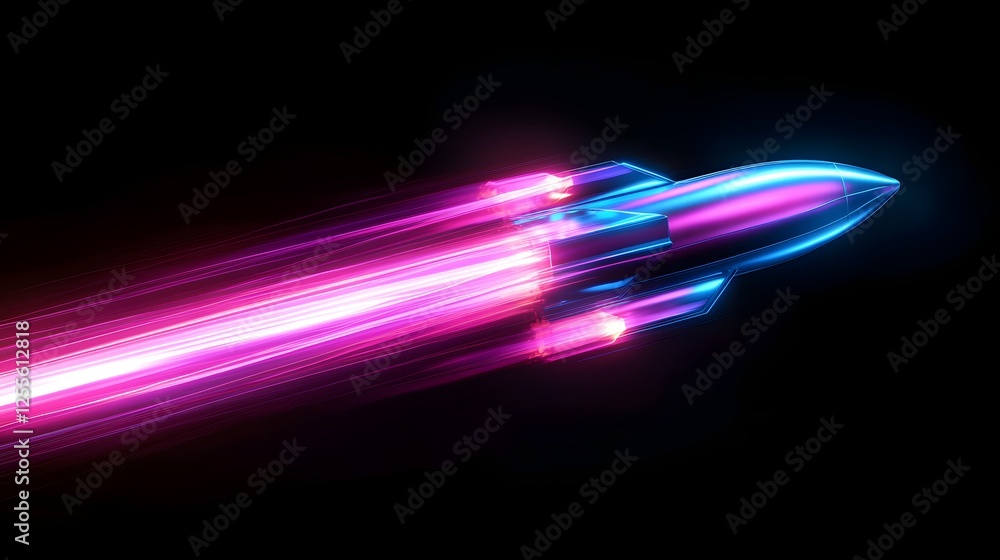 Aufkleber a hyper-realistic neon rocket pulsating with pink and blue light, emphasizing futuristic technology 