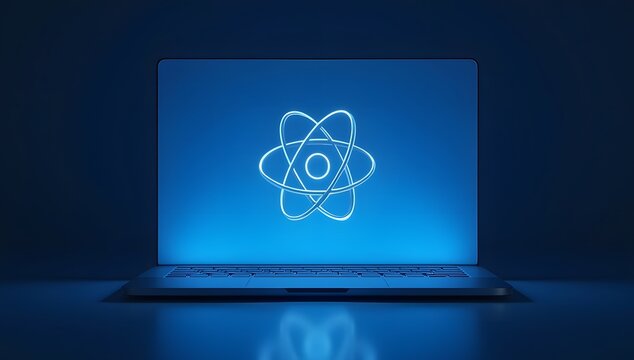 React JS Framework Logo Glowing on Laptop Screen for Software Development, Web Programming & Coding Education Background (JPG)