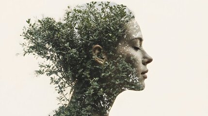 A double exposure image of a silhouette of a woman's face blends with lush green foliage, symbolizing a deep connection between nature and humanity.
