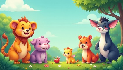 Friendly cartoon animals, diverse species, whimsical style, whimsical, illustration, picture