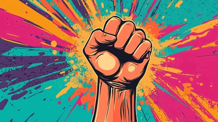 Fototapete vibrant graphic poster featuring raised fist symbolizing strength and unity © Thana